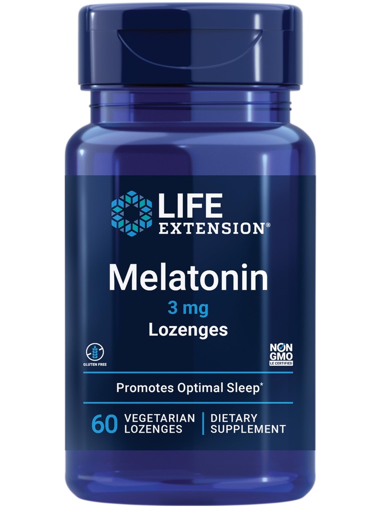 Extensión de la vida Melatonina, 3 mg, Apoyo al sueño óptimo, Ritmos circadianos saludables, Defensa celular, Libre de gluten, No GMO, Vegetariano, 60 lozenges masticables