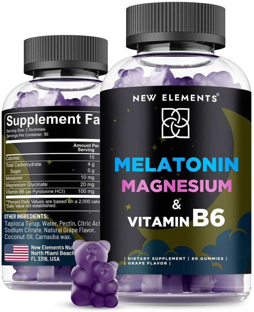 Nuevos Elementos Melatonin Gummies 10mg con Magnesium Glycinate & Vitamin B6 ¦ Apoyo al sueño, Relajación &amp; Estrés Alivio No-Gluten-Free TEN Great-Tasting ← Natural Grape Flavor