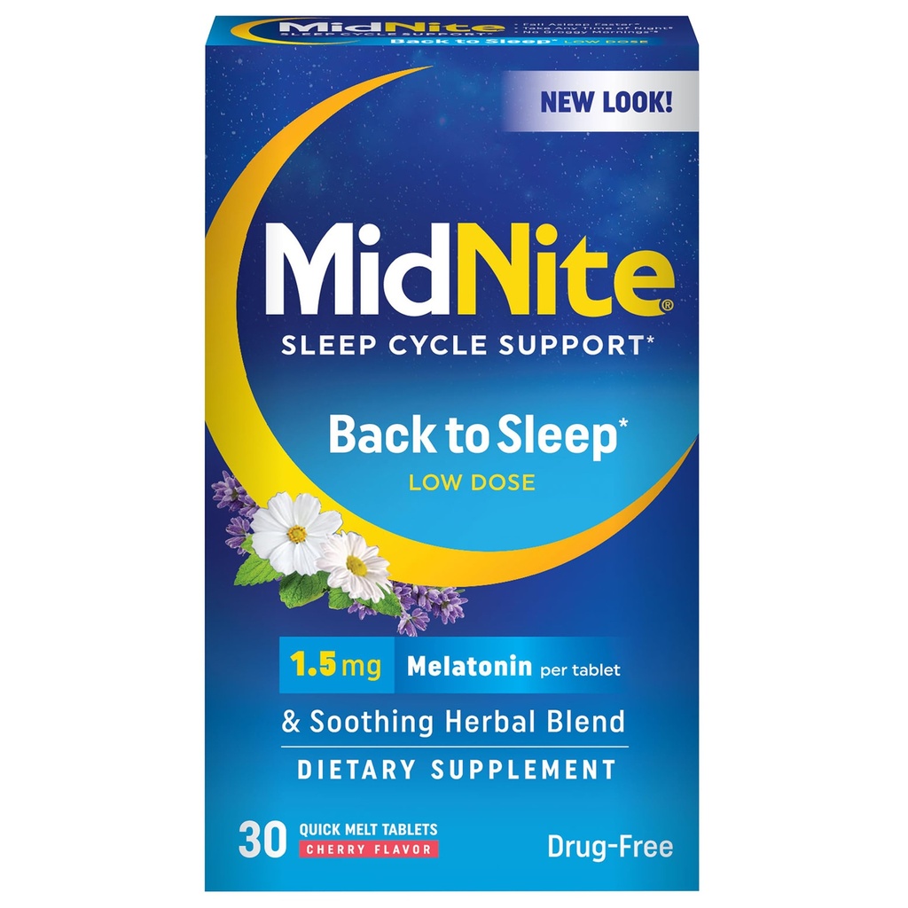 MidNite Volver a Sleep Low Dose, 1,5 mg Melatonin Sleep Aid, Non-Habit Forming, Herbal Dietary Supplement for Adults, Drug-Free, Gluten-Free, Lactose-Free, Vegetarian, Vegan, 30 Quick Melt Tablets