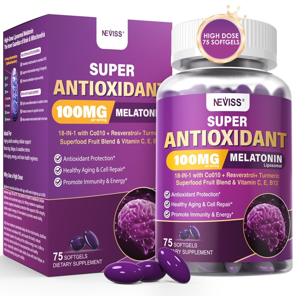 Melatonina 100 mg para la salud cognitiva antioxidante, Melatonina ultra alta con CoQ10, Turmérica, Trans-Resveratrol, Vitamina B12 C E para el envejecimiento cerebral, reparación celular y energía, 75 Softgels