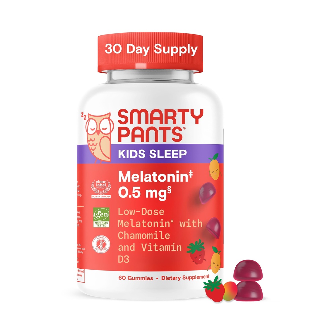 SmartyPants Kids Sleep Gummies Suplemento con Melatonin 0.5mg: Chamomile & Vitamin D3, Sleep Aid, Strawberry Mango Flavor, 60 Con