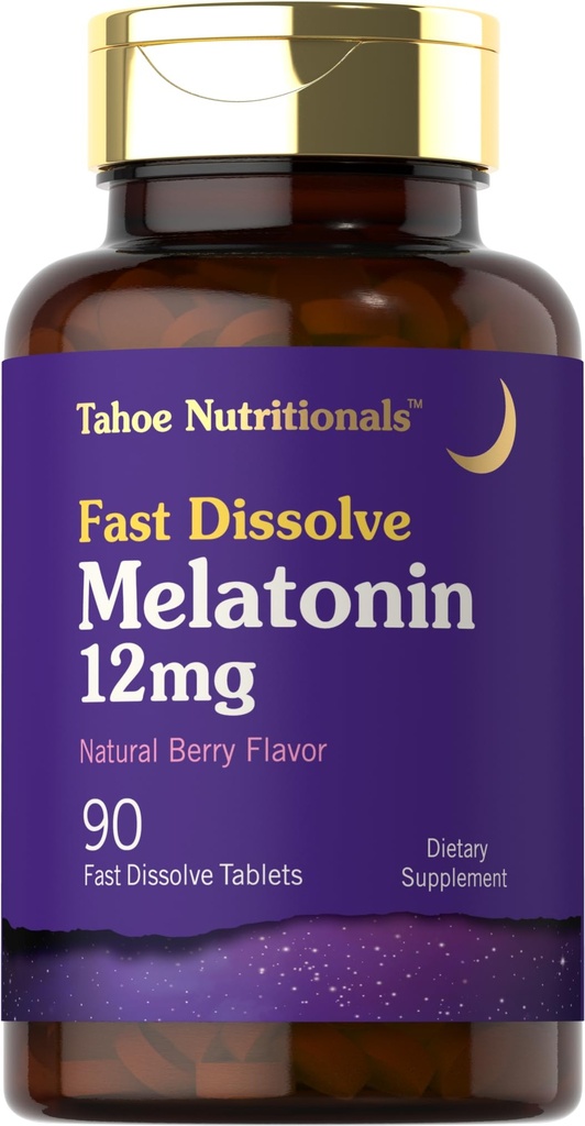 Tahoe Nutritionals Melatonin 12mg Fast Dissolve Tablets ← Berry Flavored Supplement for Adults ¦ Vegetarian, Non-GMO, Gluten Free
