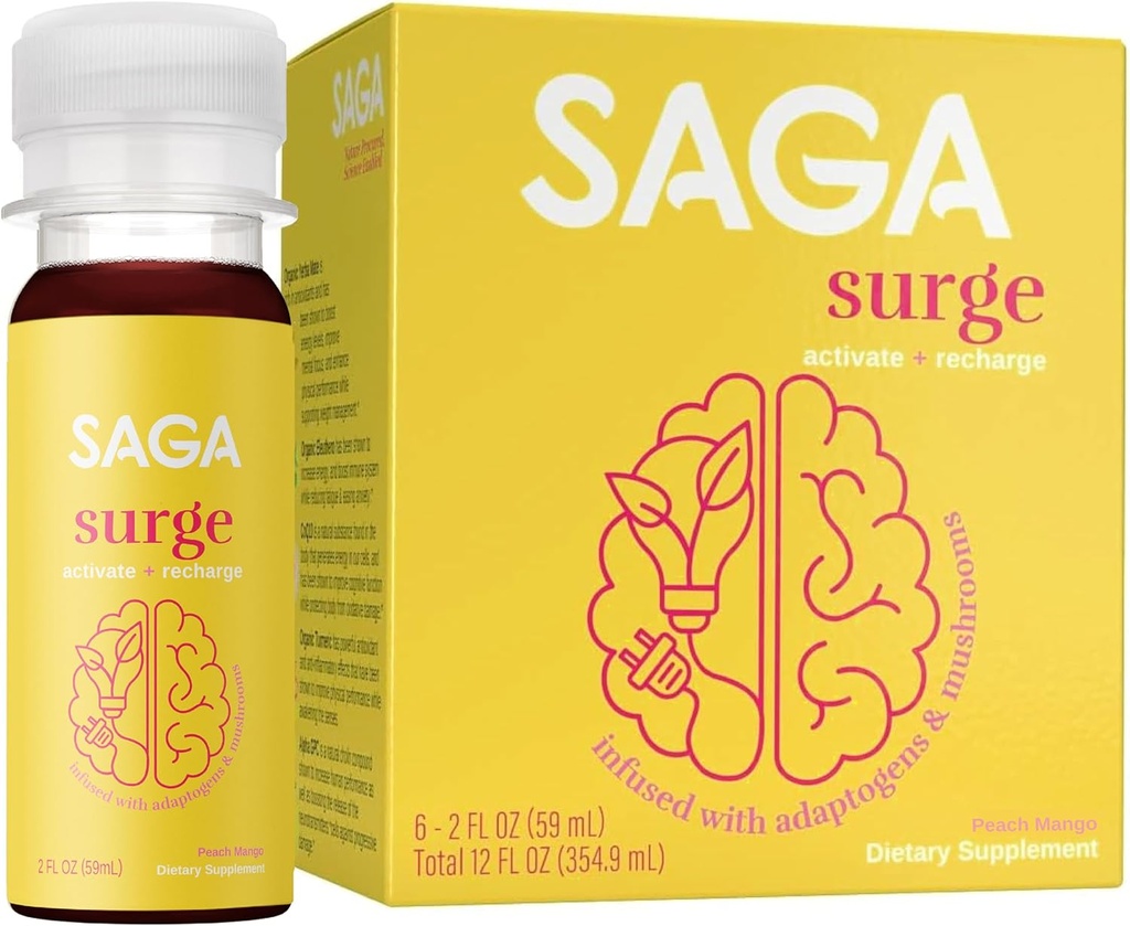 SAGA SURGE Organic Energy Shots ← Rendimiento Bebida  Yerba Mate &amp; Alpha GPC Suplemento con CoQ10, Turmeric &amp; Mushrooms ANTE Pre Workout Boost Drink for Focus, Endurance & Performance TEN 2oz Peach Mango