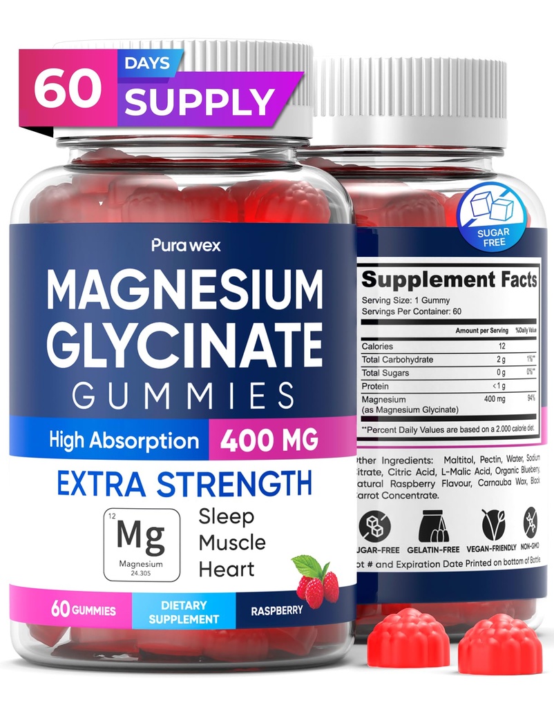 Magnesio Glycinate Gummies 400mg, Suplemento Magnesio de alta absorción para Mujeres, Hombres y Niños, Muscle Support and Relaxation, Sugar Free, Vegan, 60 Days Supply