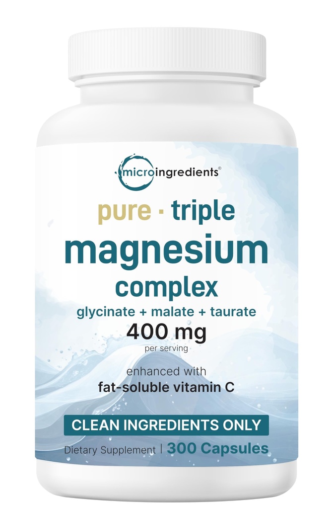 Micro Ingredientes Complejo de Magnesio Puro, 300 Capsules ← Triple Magnesio Glycinate, Malate, Taurate con Vitamin C TEN 100% Chelated ← Soporta Muscles, Nerves, " Energía Únicamente Ingredientes Activos