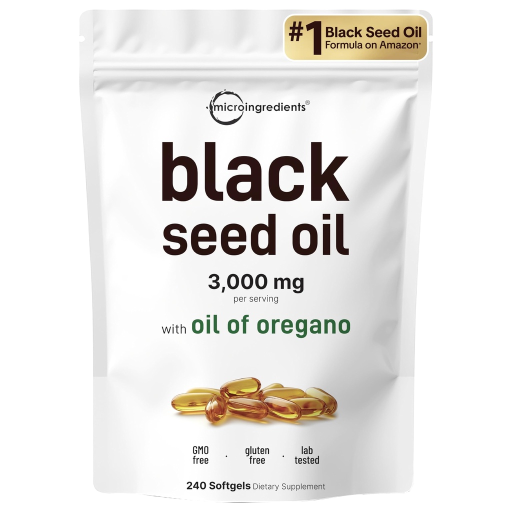 Micro Ingredientes Aceite de semillas negras Softgels, 3000mg, 240 Conteo vivir 2-en-1 Fórmula con Aceite de orégano, Carvacrol & Thymoquinone