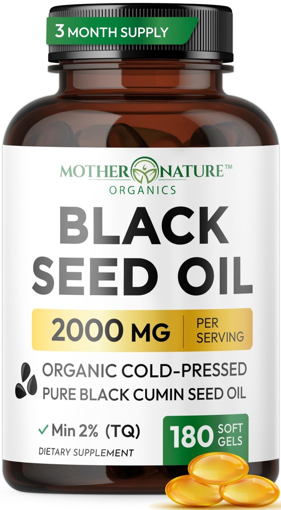 Black Seed Oil Capsules 2000mg Por Serving, Organic Cold Pressed Black Cumin, High TQ, Immune & Joint Support, 180 Count (3 Month Supply)