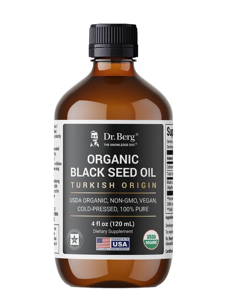 Dr. Berg Black Seed Oil Organic Cold Pressed – Pure Nigella Sativa Black Cumin Oil – USDA Organic, Halal, Vegan – para el cabello, la piel, el soporte inmunitario – Unrefined Liquid – 4 oz Glass Bottle
