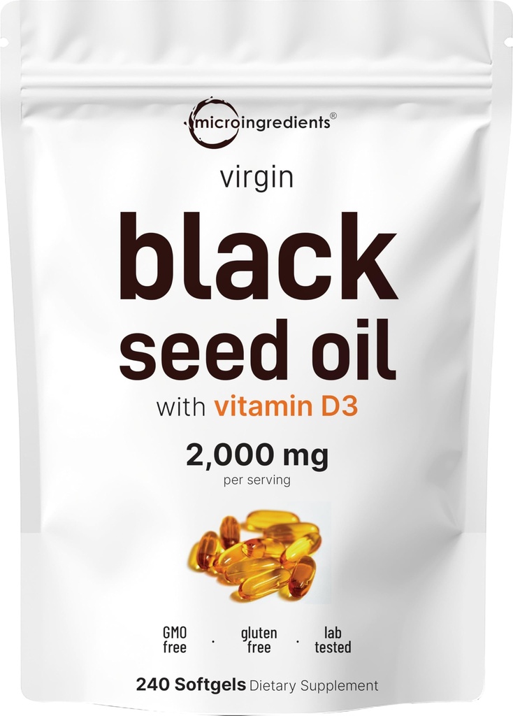 Micro Ingredientes Aceite de semillas negras con vitamina D3 1000 UI, 240 Softgels  2,000 mg Aceite de semillas negras por servir ANTE Nigella Sativa Oil ANTE 2-en-1 Fórmula de aceite de semilla sin refinar ANTE No GMO, cGMP Fabricado