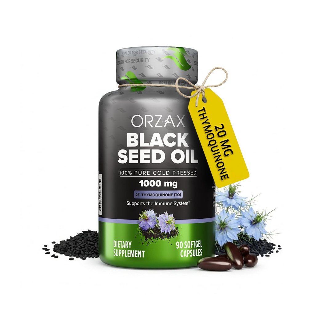 ORZAX Black Seed Oil Cold Pressed 100% Pure ← Non-GMO - Rich in Omega 3 6 9 " Thymoquinone ← Black Cumin Nigella Sativa Oil for Immune Support, Hair, Skin, Face (1000 mg - 90 Softgel Capsules)