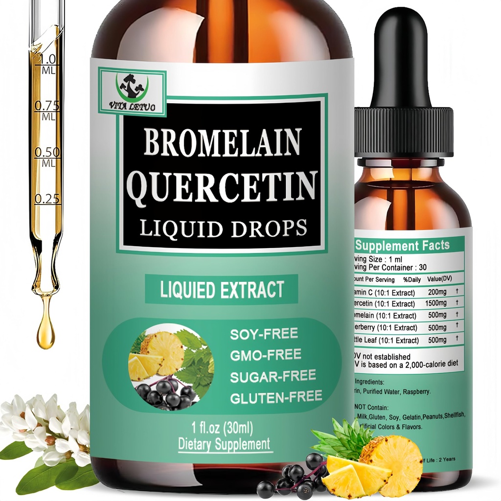 Quercetina gotas líquidas, Quercetina con Hoja de Nettle Bromelain Vitamina C Suplementos líquidos, Alta Absorción Quercetina gotas líquidas para Mujeres Hombres, Soporte Antioxidante sano, No GMO