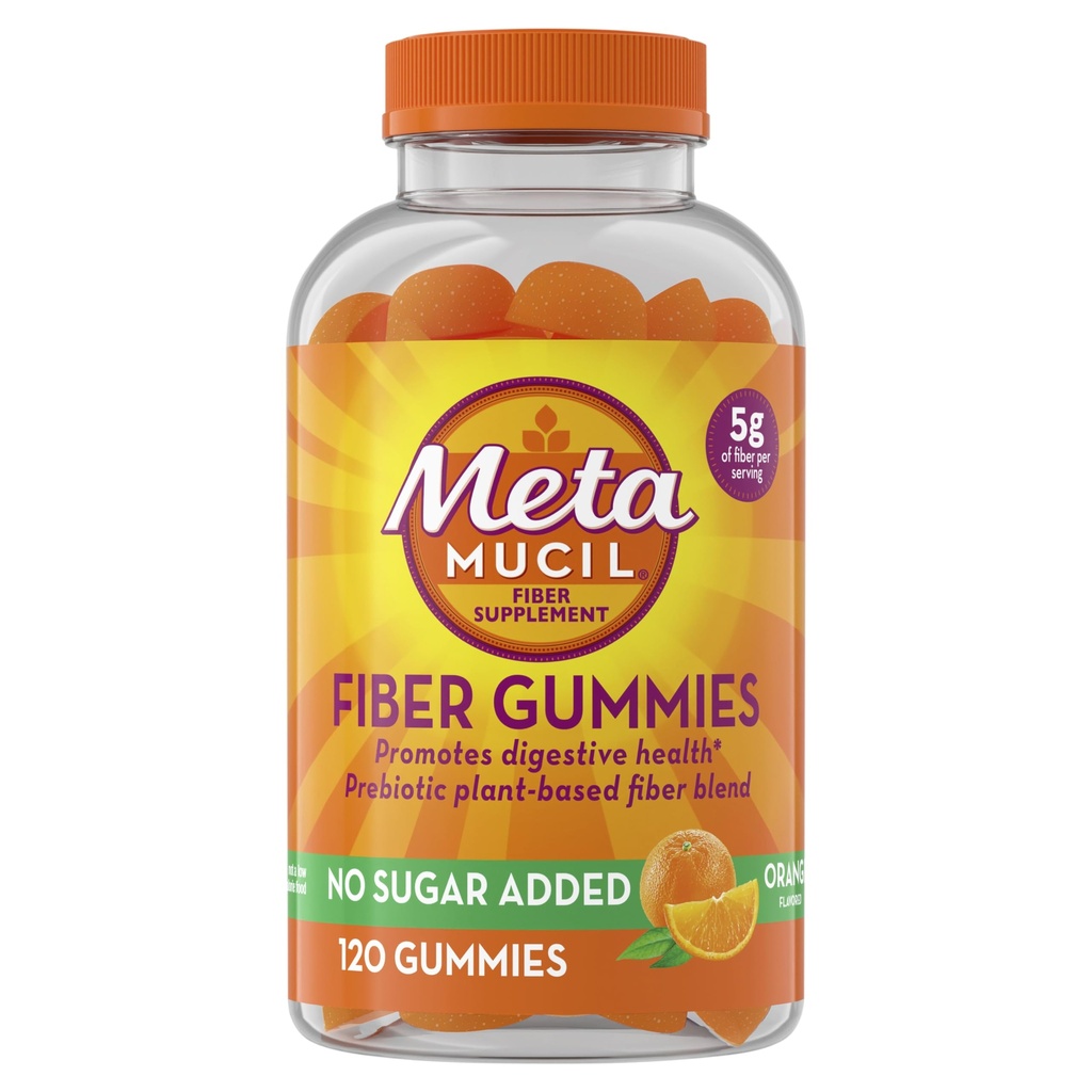 Mangas de fibra de metamucil para adultos, sin azúcar añadido sabor a naranja, 5g Prebiótico planta base Suplemento de fibra Blend, 120 conde