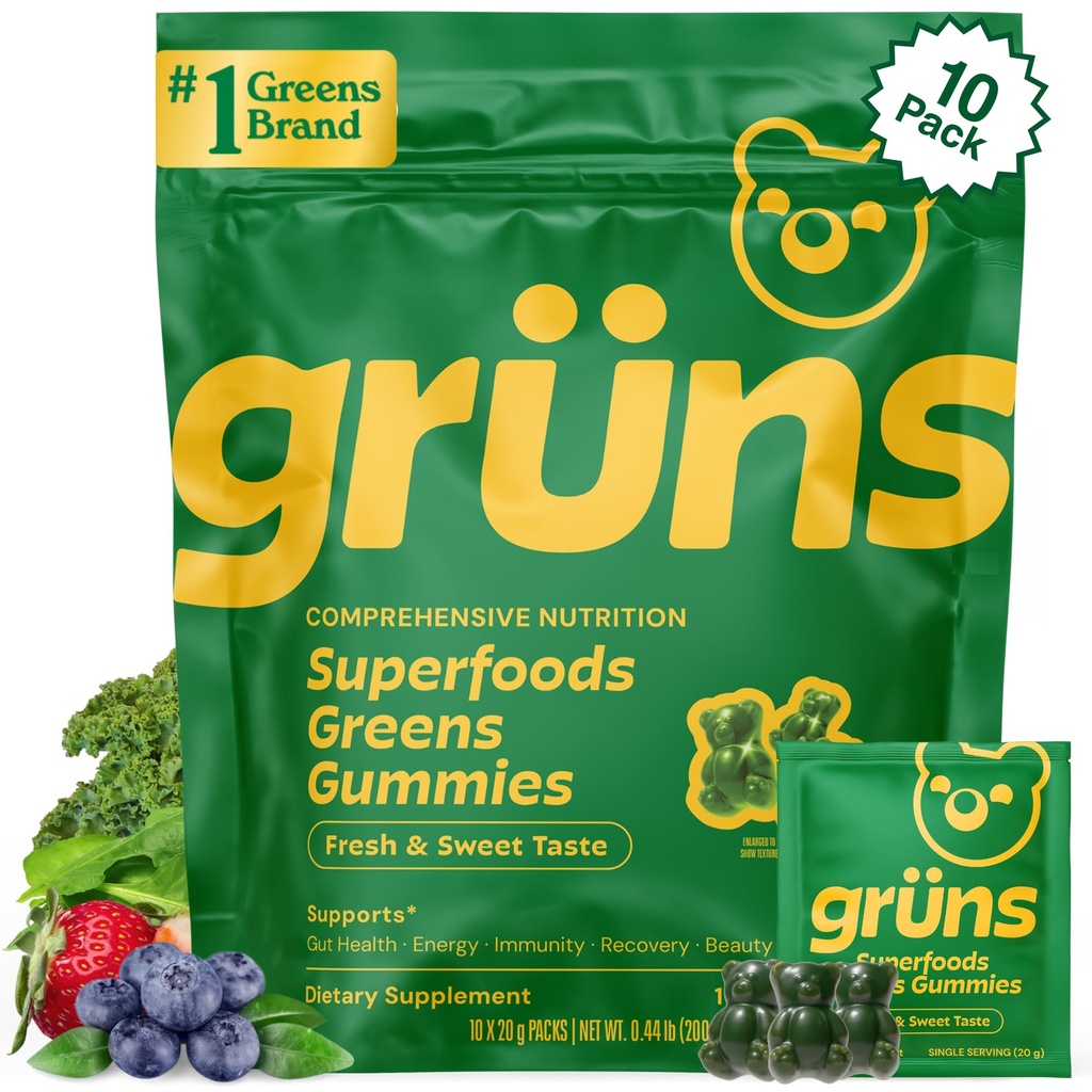 Gruns Adults Super Greens Gummies, Multivitamin Superfood Gummy Bears, Spirulina, Clorella, Prebióticos " Fiber Gummies for Digestive Health, Adaptogens Supplement, 20 Vitamins " Minerals, 10 Condes