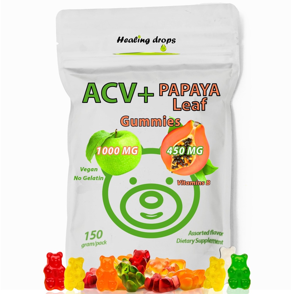 ACV Gummies " Papaya Leaf Extract Gummies - Premium Potent Apple Cider Vinegar Suplemento - Iodine Infused " Vitaminas B6 B12 – Platelets Hair Skin " Heart Friendly (1, Regular)