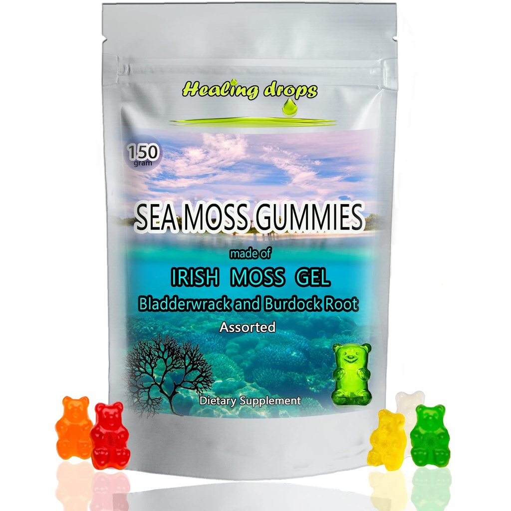 Sea Moss Gummies - Irish Sea Moss - Raw Organic Wildcrafted Sun-Dried Seamoss Powder y Gel - con Fledderwrack Burdock Root – Alkaline Keto Vegan Non-GMO Diet – Skin & Detox (Assorti)