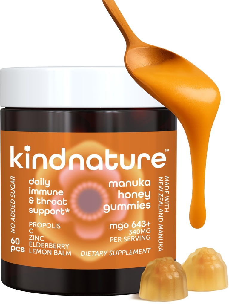 KINDNATURE Manuka Honey Medical Grade Gummies MGO 643+ - New Zealand Manuka Honey with Zinc, Vitamin C, Elderberry - Throat Comfort & Immune Support - Kids & Adults
