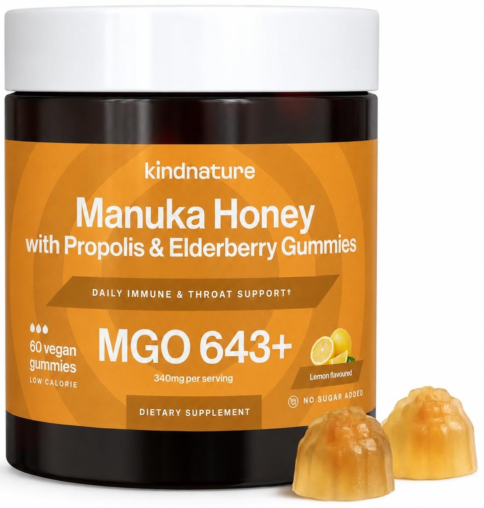 KINDNATURE Manuka Honey Medical Grade Gummies MGO 643+ - New Zealand Manuka Honey with Zinc, Vitamin C, Elderberry - Throat Comfort &amp; Immune Support - Kids &amp; Adults