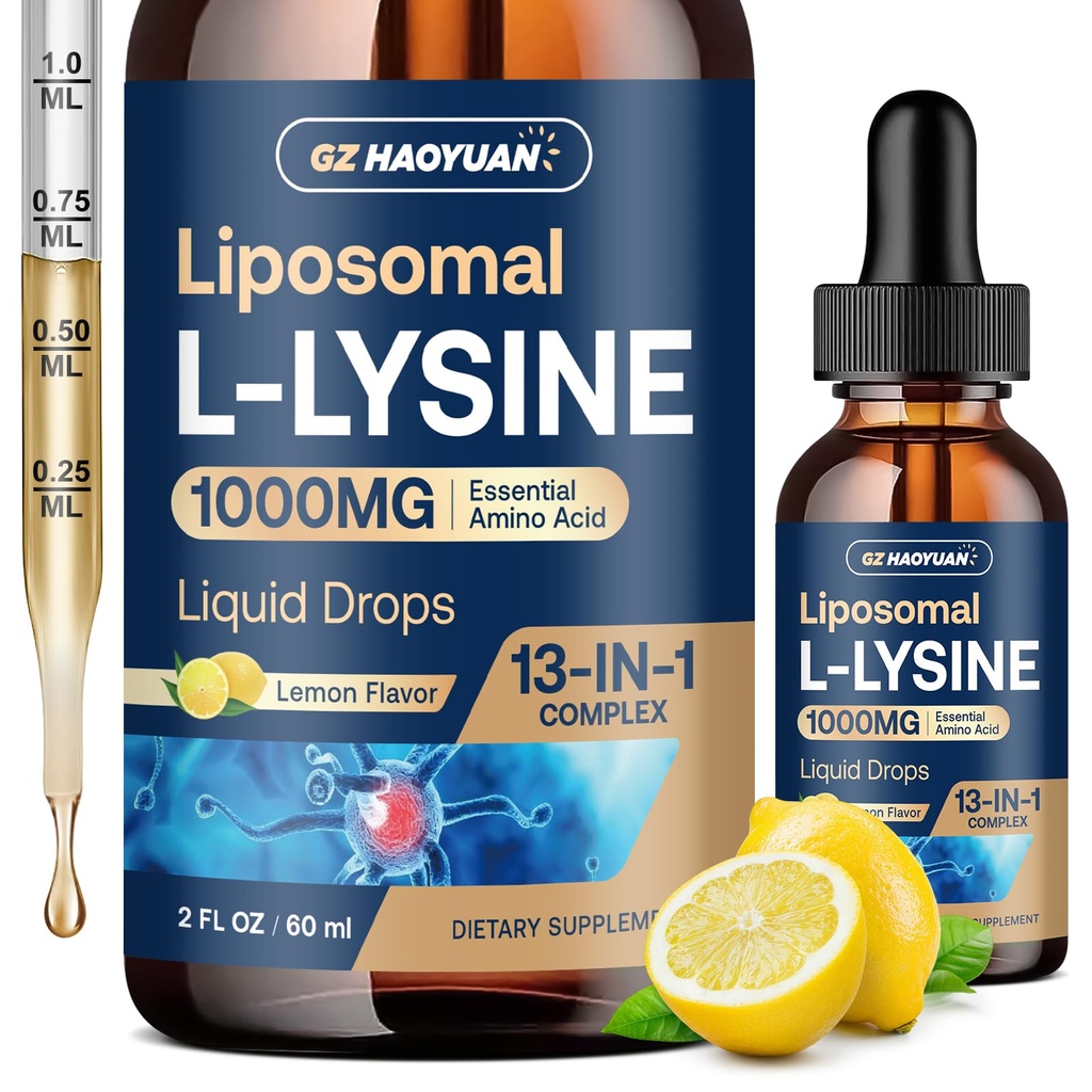 Liposomal L-lysine 1000MG Liquid Drops, 13-in-1 Lysine Supplements – Monolaurin, Olive Leaf Extract with Vitamin C, B6, D3, B12 &amp; Zinc for Collagen, Lip, skin &amp; Immune Support for Kids &amp; Adults, 2oz