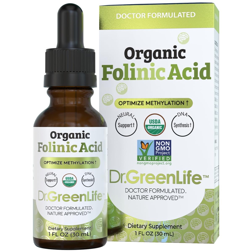Dr. Green Mom USDA Organic Folinic Acid Drops - 500 mcg per Drop | Methylation Support B9 Supplements for Kids & Adults | Supports Neurological Function, Nervous System Health & DNA Synthesis