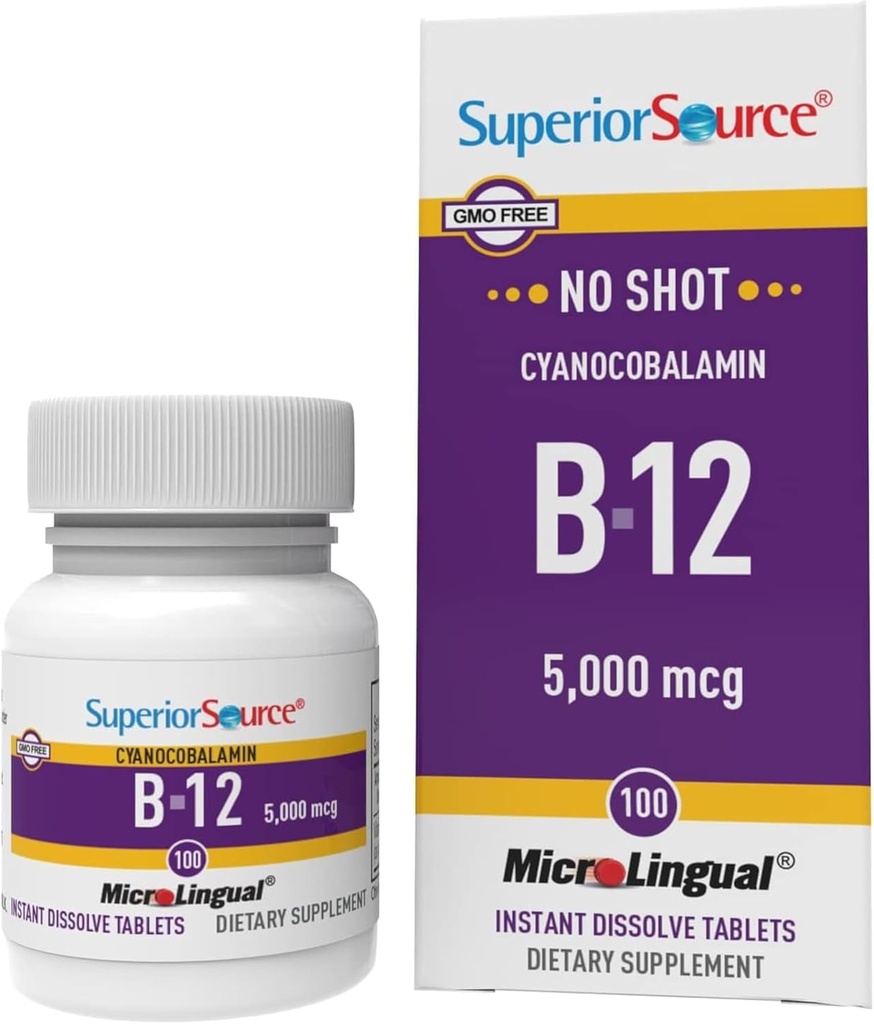 Fuente Superior No Zapato Vitamina B-12 Cyanocobalamin 5000 mcg - Vitamina B-12 para apoyar la producción de energía, salud cerebral " Wellness general - Tablas sublinguales - 100 Tablas dissolvables