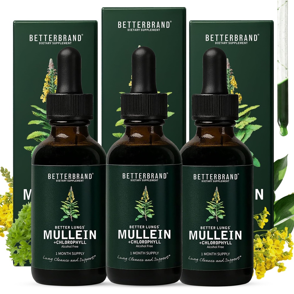 Betterbrand Mullein Lung Detox Drops (3-Pack), 60ml Mullein Leaf Tintura con clorofila para el apoyo a la salud respiratoria - Sin alcohol - 3 meses de suministro