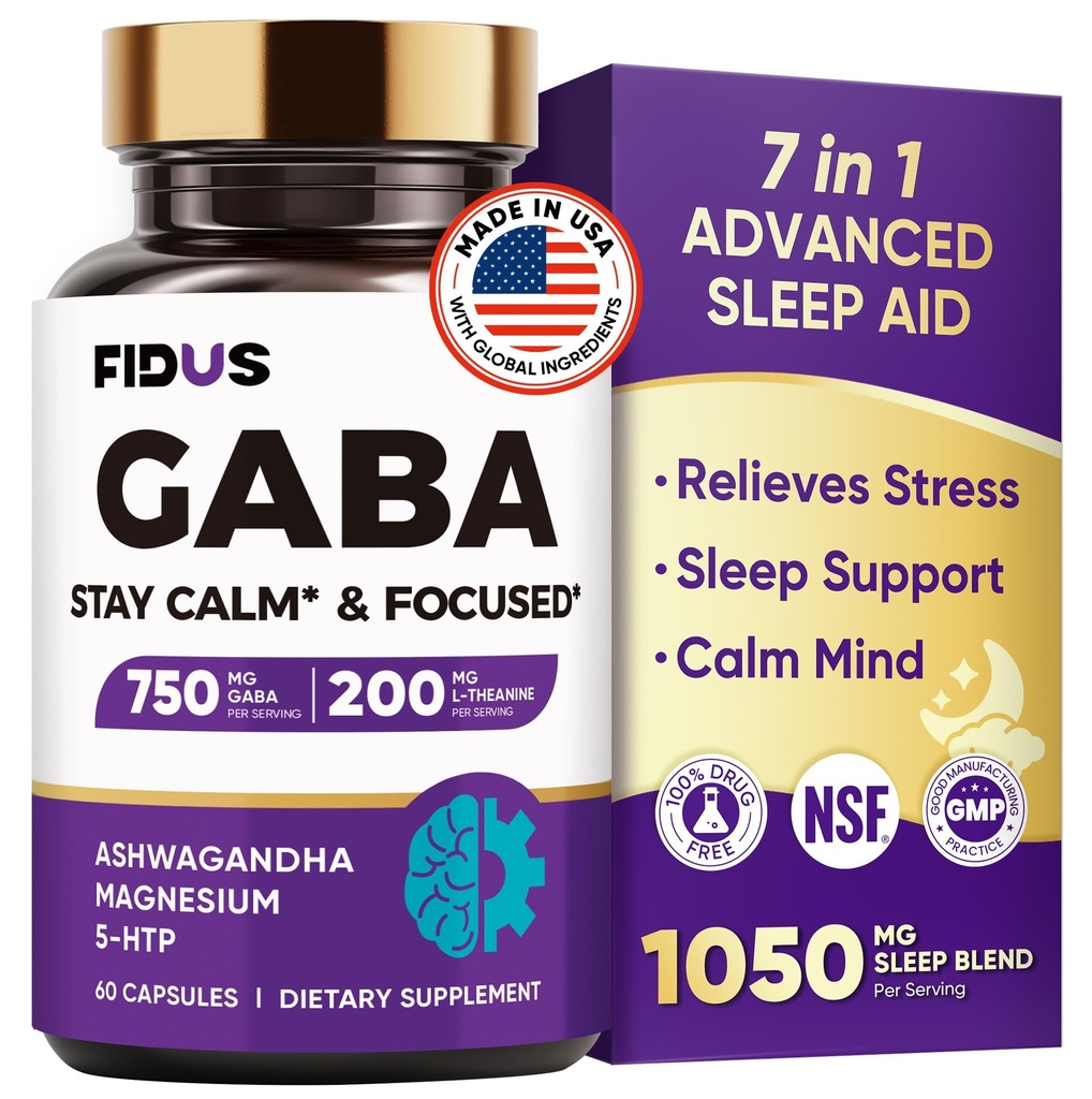 GABA L-Theanine Ashwagandha - 1050mg Blend - Made in USA - Advanced Sleep Aid & Calm- Magnesium, 5-HTP, Vitamin B6 &amp; B12, GABA (Gamma Aminobutyric Acid) Suplemento - Melatonin-Free &amp; Non-Habit Forming