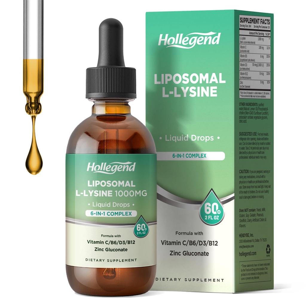 Liposomal L-lysine 1000MG Liquid Drops, Lysine Supplement for Women &amp; Kids with Vitamin C, B6, D3, B12 & Zinc Gluconate, Skin & Lip Health, Immune & Collagen Production Support, Lemon Flavor, 2 fl oz