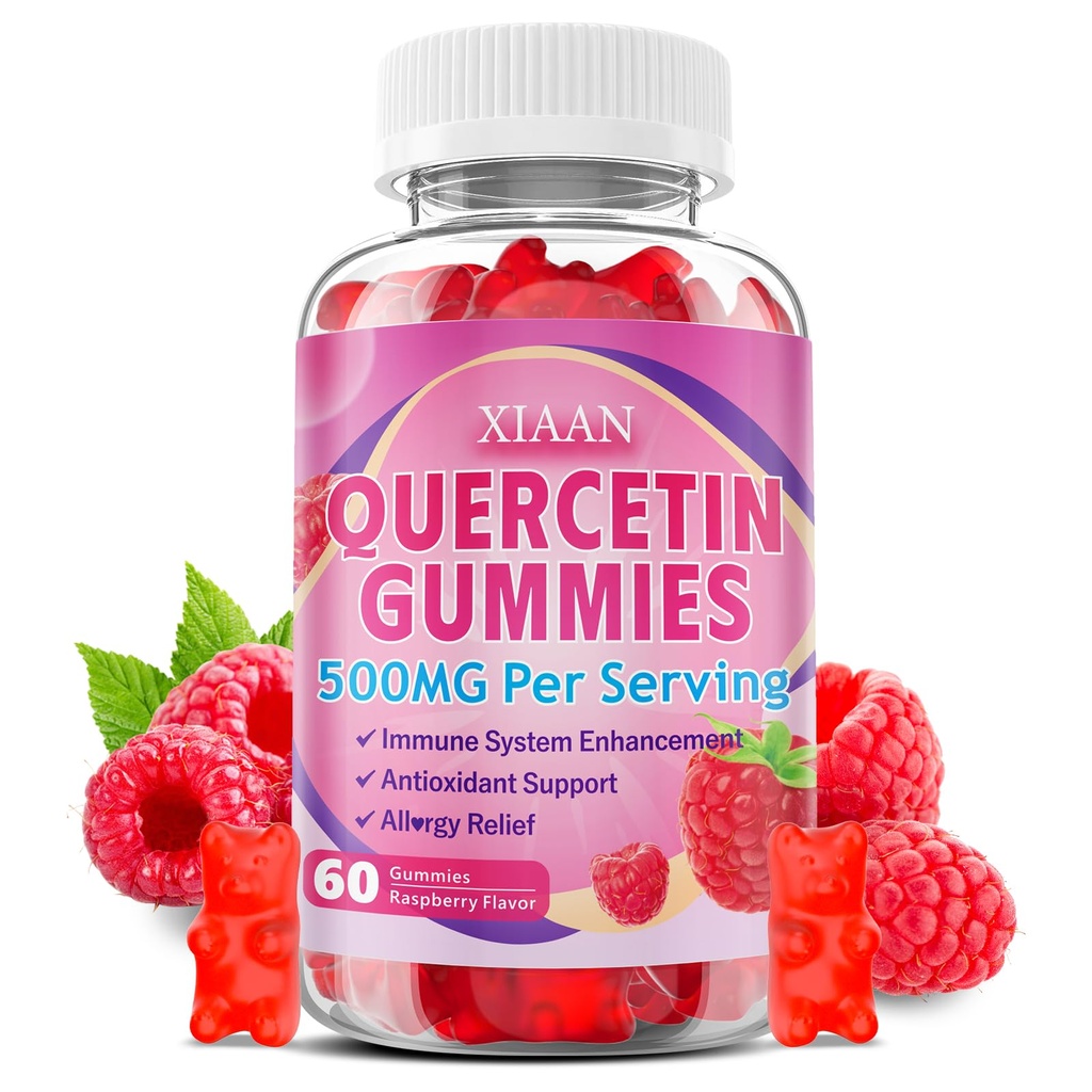 Quercetina Gummies 500mg para Adultos Niños, Suplementos de Quercetina Orgánica con Zinc Bromelain Vitamina C y D3 Apoyo Antioxidante &amp; Sistema Inmunitario Salud, Raspberry Flavor 60 Conde