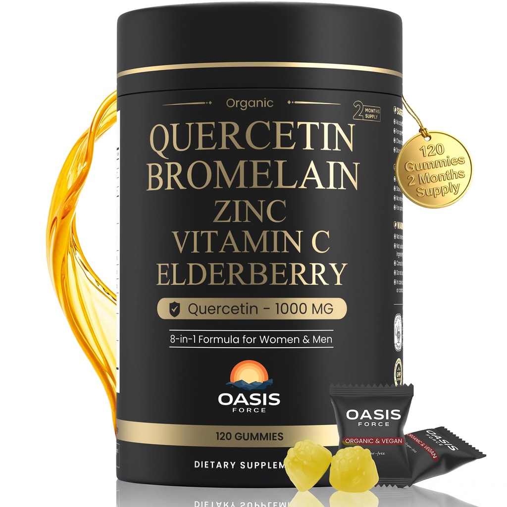 8-en-1 Quercetina con Bromelain Gummies 1000mg, alta potencia orgánica Quercetina Suplemento con zinc &amp; vitamina C, elderberry, bienestar estacional &amp; soporte inmunológico, Vegan, azúcar Gratis, 120 Gummies