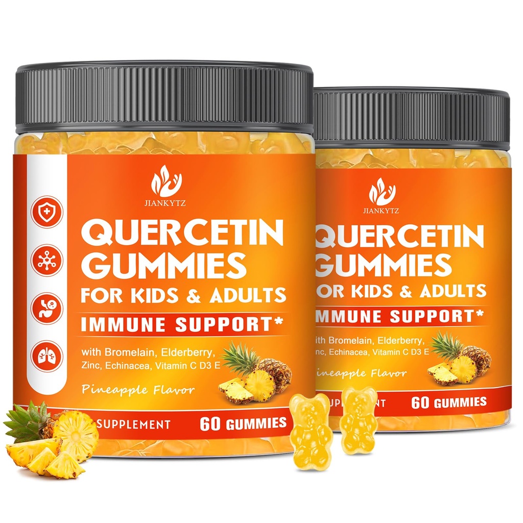 (2 Pack) Azúcar Quercetina Libre con Gummies Bromelain para Adultos Niños - Inmuno, Antioxidante, Soporte Estacional, 1000 mg Quercetina Suplementos con Bromelaina, Zinc, Elderberry, Vitamina C D3 E, 120 Conde
