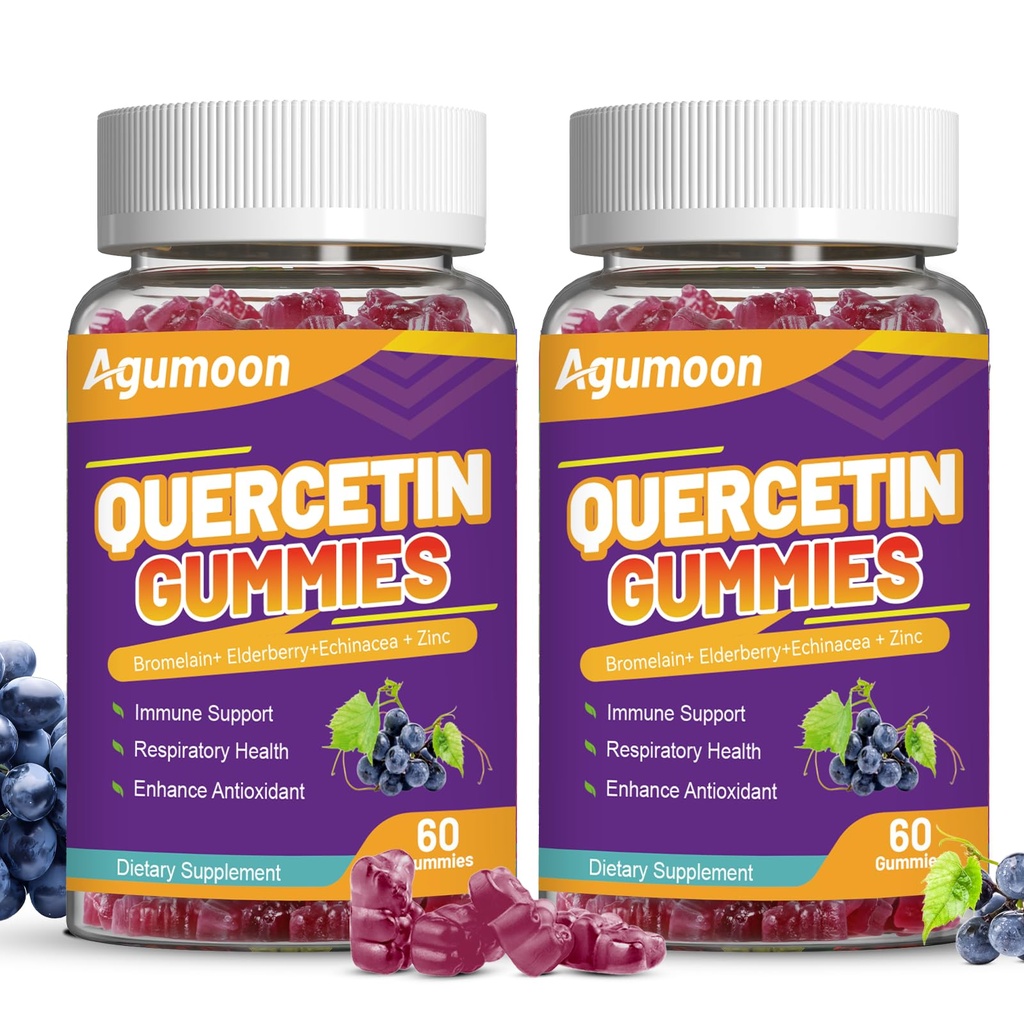 2 Pack Quercetin Gummies, 1000mg Quercetin con Bromelain Zinc Elderberry, Immune & Antioxidant Support, Vegan Gummies for Adults &amp; Kids, 120 Condes
