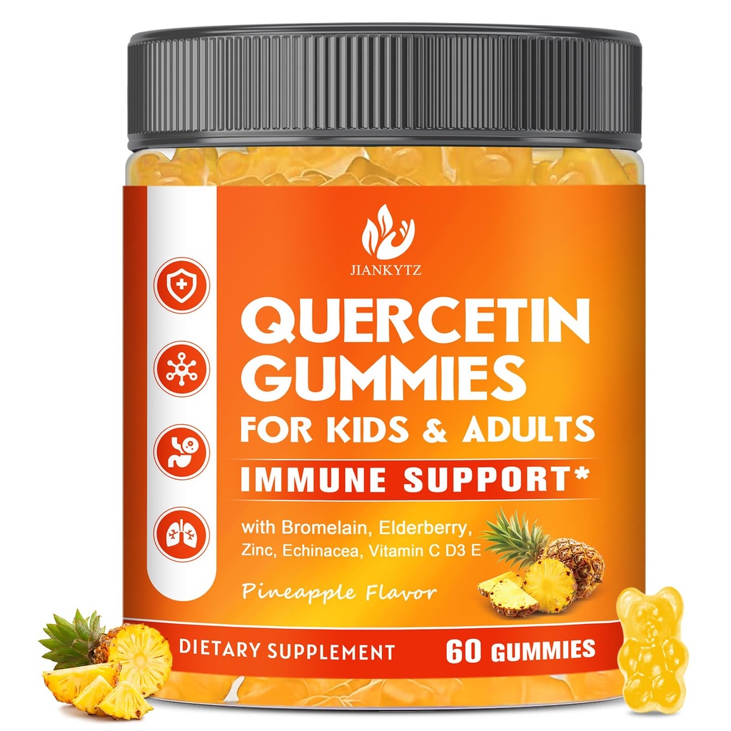 Quercetina libre de azúcar con bromelainas para niños &amp; adultos - inmuno, antioxidante, apoyo estacional, 1000 mg suplementos de quercetina con bromelaina, zinc, aderberry, vitamina C D3 E, Vegan, 60 condes