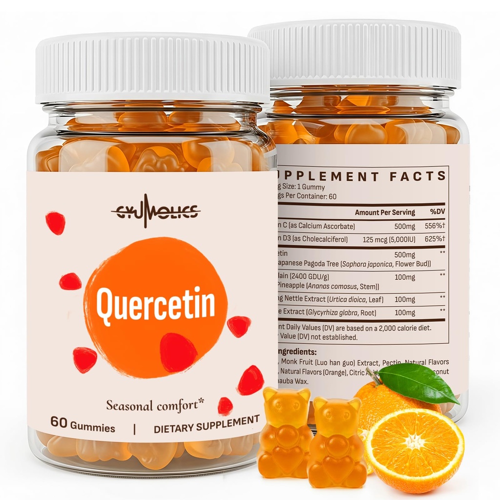 Quercetina 500mg Gummies para niños – con Bromelain, Vitamina C &amp; D3, Stinging Nettle & Licorice, Balance Estacional &amp; Body Defenses, Vegan, 120 Gummies