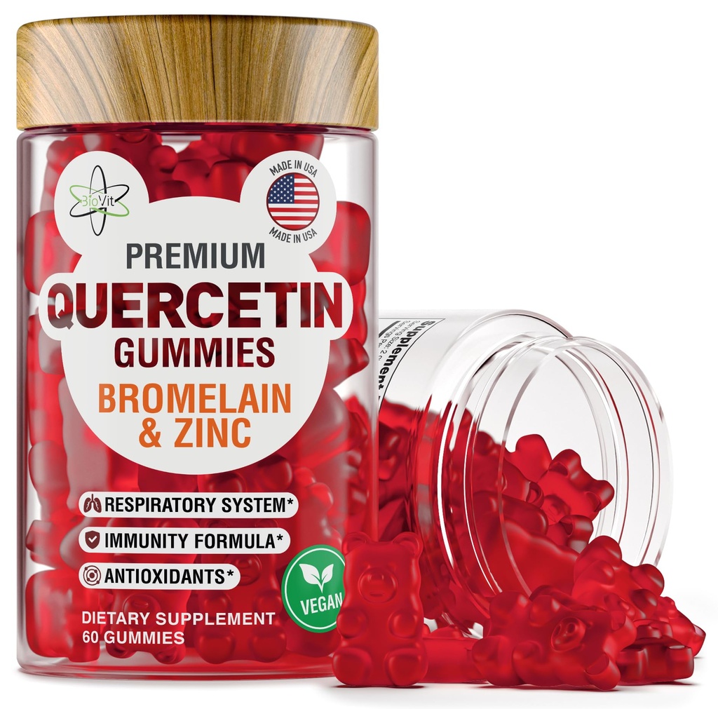 BioVit Quercetin Gummies 500MG - Activated Quercetin for Kids &amp; Adults Immune System &amp; Allergy - Chewable with Bromelain, Zinc, Vitamina C, Vitamina D3 - Made in USA - 60 Vegan Gummy Bears