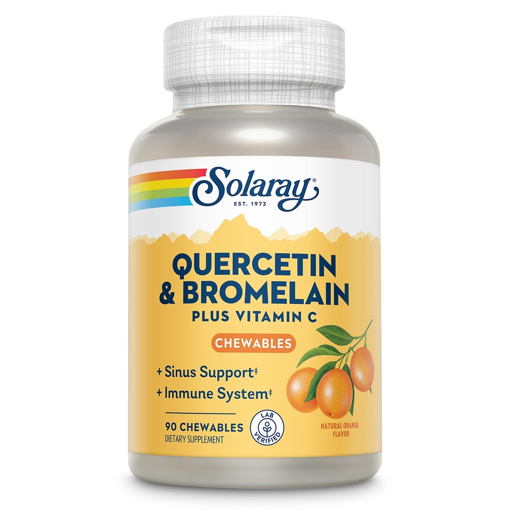 SOLARAY Quercetina con Bromelaina y Vitamina C Chewables - Complemento de Apoyo Inmune - Complejo de Defensa Inmune y Salud Corporal con 1250 mg Vit C, Sabor Naranja Natural, Garantía de 60 días, 30 Serv, 90ct