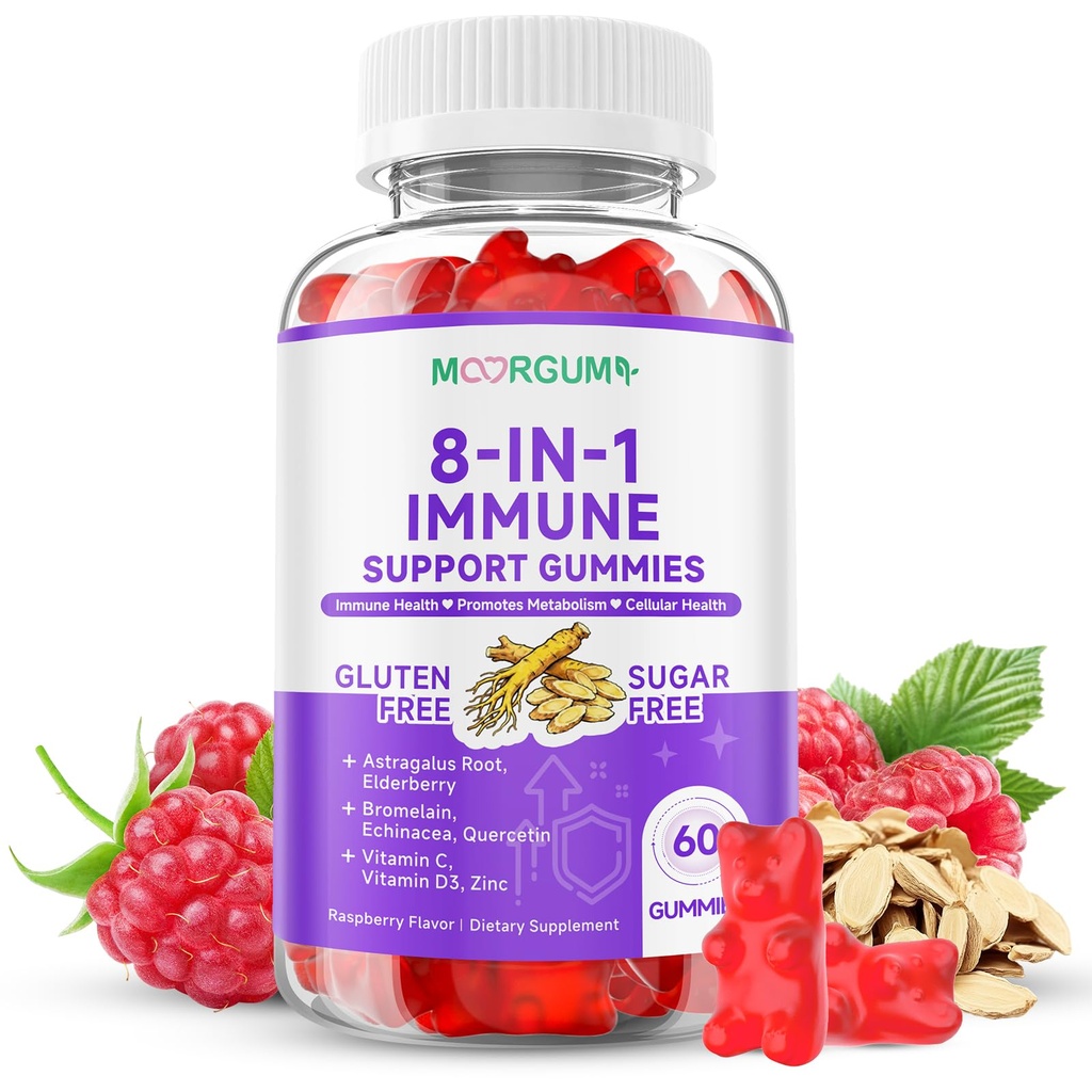 Immune Support Gummies – 8-in-1 Fórmula Herbal Suplementos con Astragalus, Elderberry, Quercetin, Bromelain, Echinacea, Vitamina C, D3 y Zinc para Balance diario, Raspberry Flavor, 60 Conde