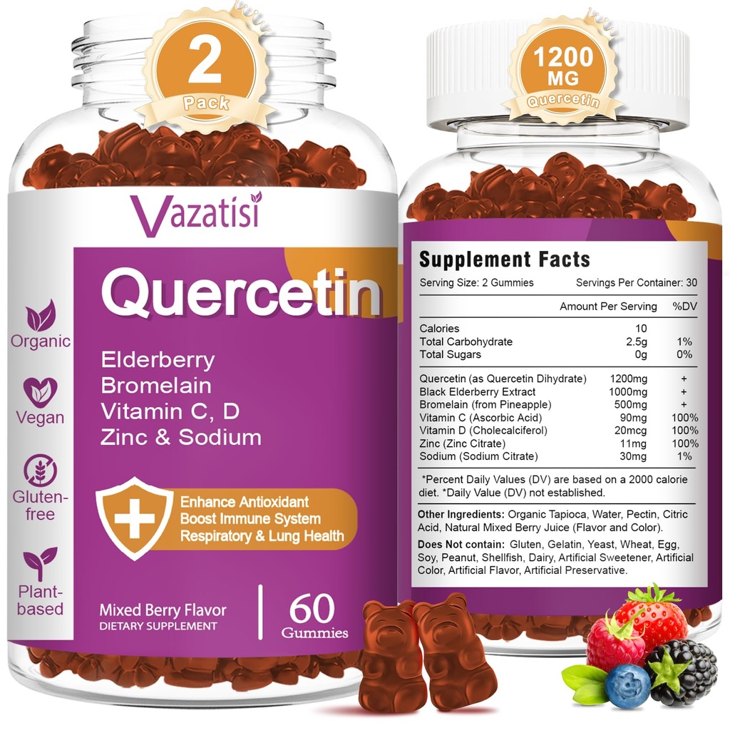 Quercetina Gummies, Quercetina con Vitamina C Zinc, Bromelain, Elderberry y Vitamina D, Apoyo Inmunitario Adultos Niños, Mujeres Hombres 120 Gummies Chewable
