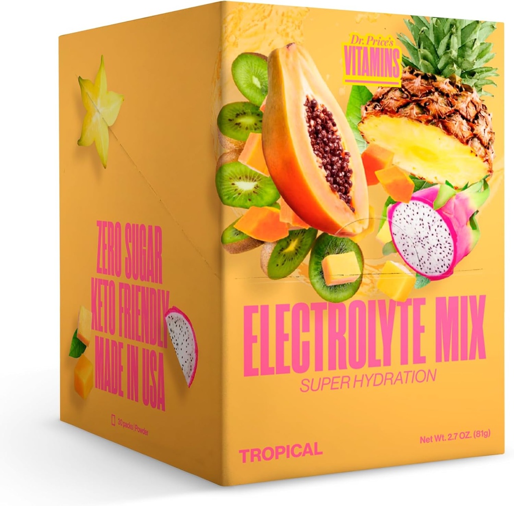 Dr. Price's Electrolyte Mix ← Polvo de Hidratación Libre de Azúcar con 72+ Minerales de Traza Silencio sin Azúcar, Electrolitos de resolución rápida Powder Packets ← Tropical (30 Packs)
