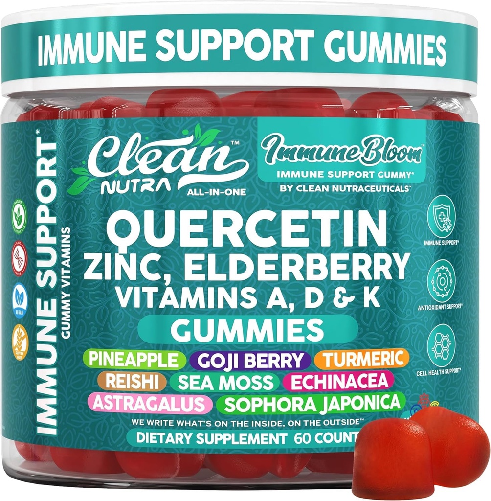 Clean Quercetin Elderberry Immune Support Gummies ← Zinc Vitamin K2 D3 A Bromelain Goji Berry Turmeric Sea Moss Echinacea Astragalus Selenium Olive Leaf Immunity Suplemento Gummy Vitaminas