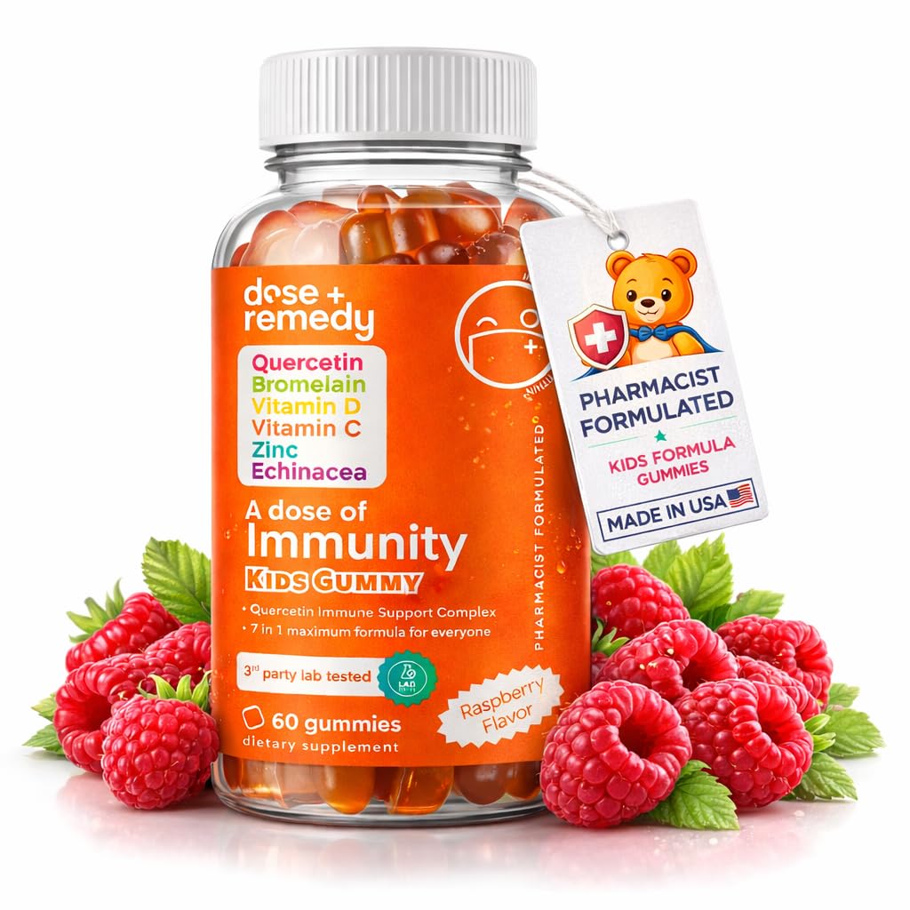 A Dose of Kids Immunity Support Gummies - Daily Immune Booster Supplement Quercetin Gummies for Children with Vitamin B Complex, Vitamina C, Zinc, Vitamina D, Quercetin Bromelain, Echinacea - 60 Count
