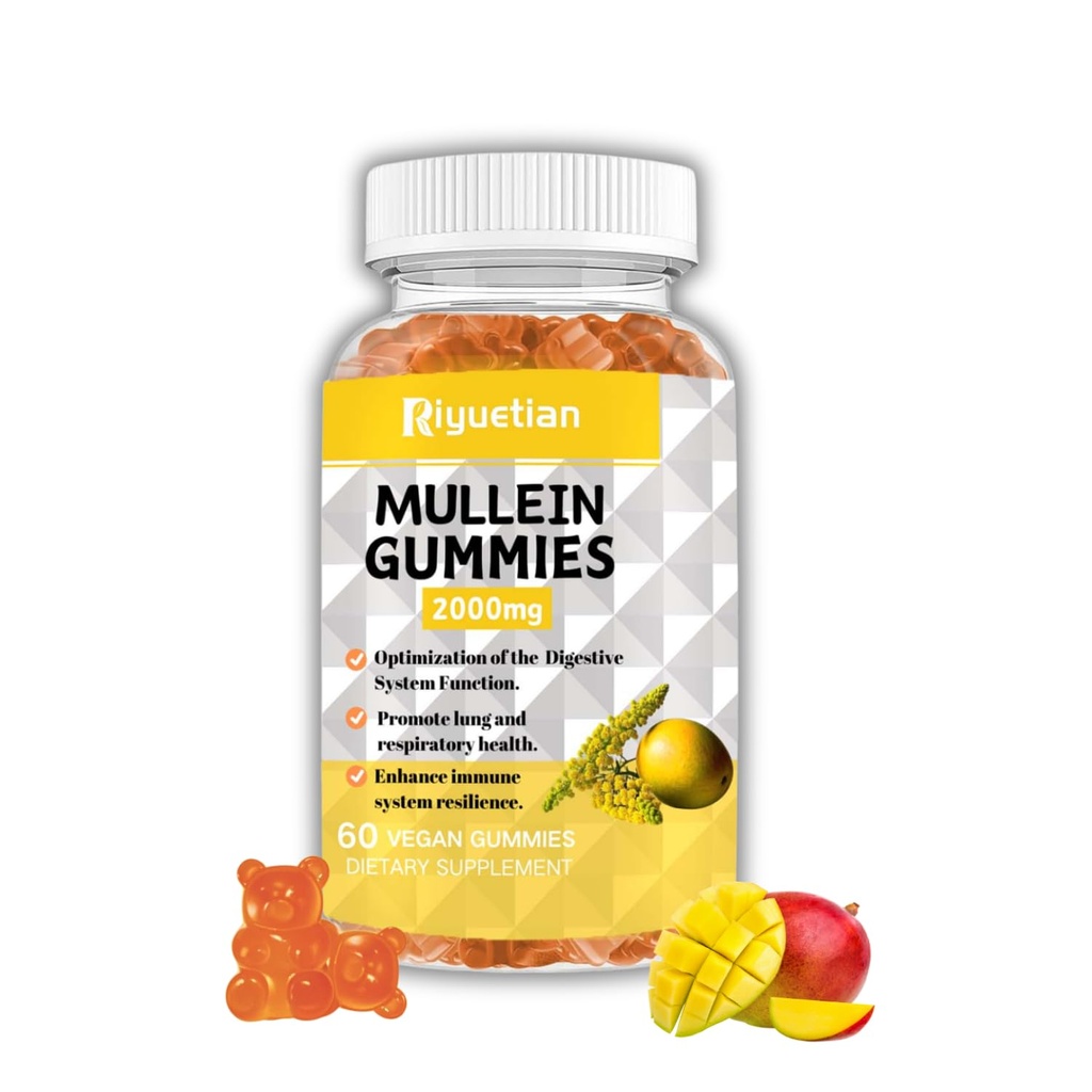 Mullein Gummies, 2000mg Orgánica Mullein Leaf Extract with Quercetin, Bromelain &amp; Vitamin D3, Mullein Leaf Extract for Respiratory, Natural Lung Cleanse, Improve Appetite, Vegan, Non-GMO, 1 Pack