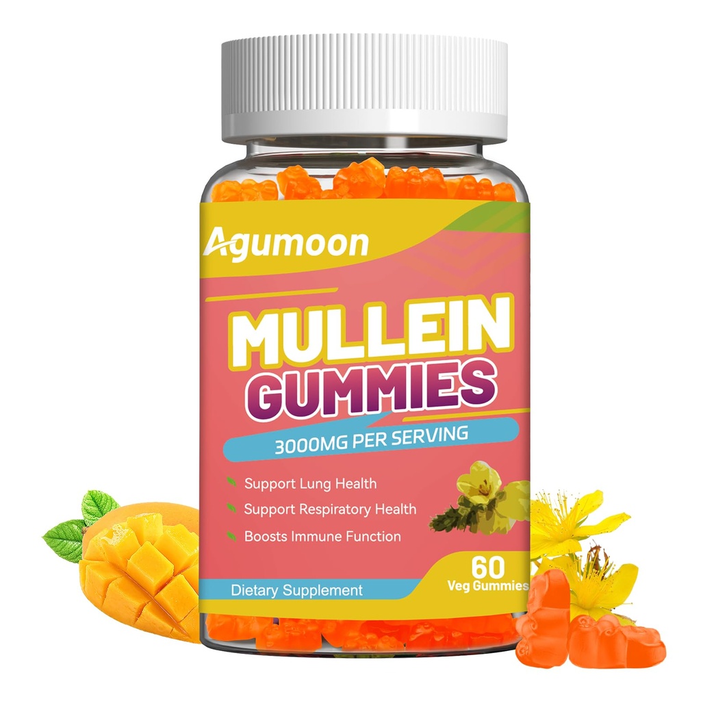 3000MG Mullein Gummies, Extra Strength Mullein Leaf Extract with Quercetin, Bromelain for Lung Detox &amp; Immune Support, Mango Flavor, 60 Count