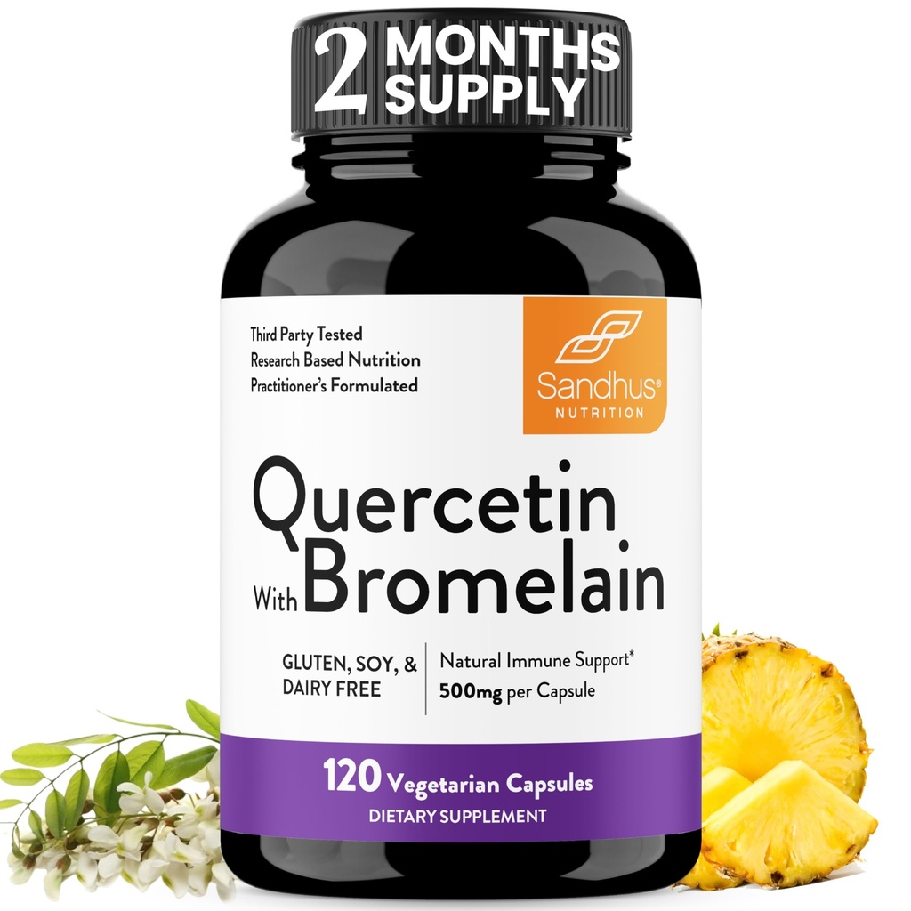 Quercetina con Bromelain Vegetariano Suplemento Capsules Silencio 120 Conde (1000mg Por Serving 2400 GDU/g) Apoyos Saludable Sistema de Inmunes, Ayudas Con Alergía Estacional TEN Alta Aborción Antioxidante