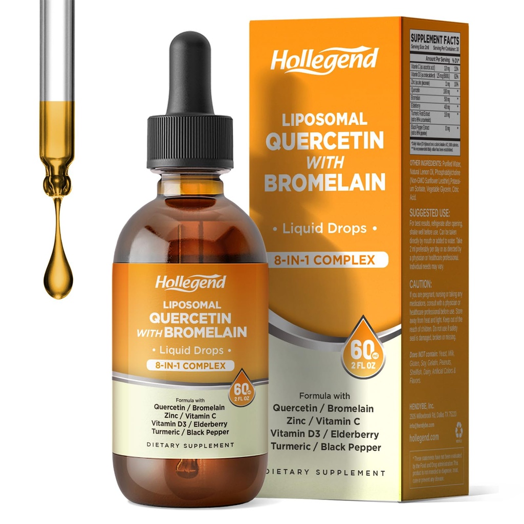 Quercetina Liposomal con gotas líquidas de bromelaina, 8 en 1 Quercetina orgánica 1000mg Suplementos con bromelaina 500mg, vitamina C, D3, Zinc, Elderberry, Turmérica para la salud respiratoria de inmunidad, 2 Fl Oz