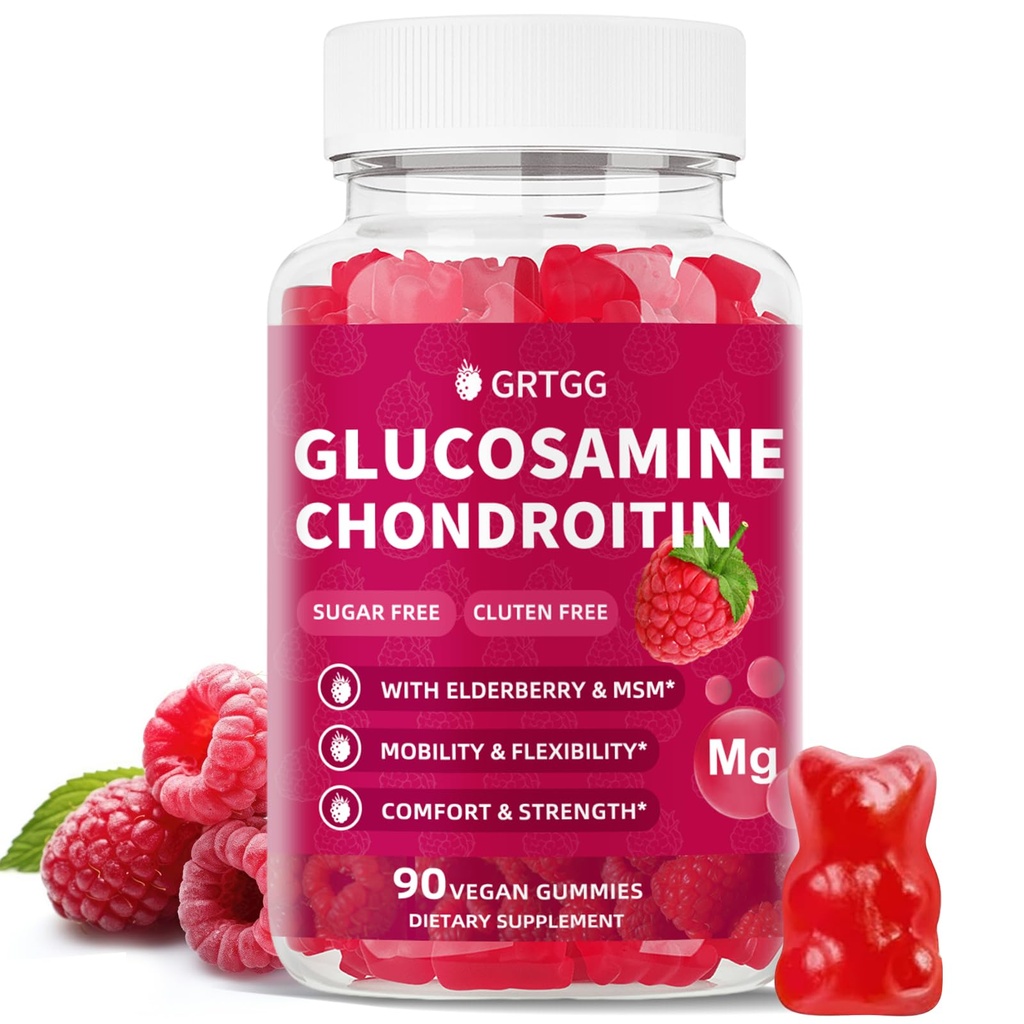 Glucosamine Chondroitin Gummies with MSM & Elderberry Extra Strength 3000MG - Joint Support, Antioxidant Immune Support Supplement for Adults, Men &amp; Women - 90 Raspberry Gummies