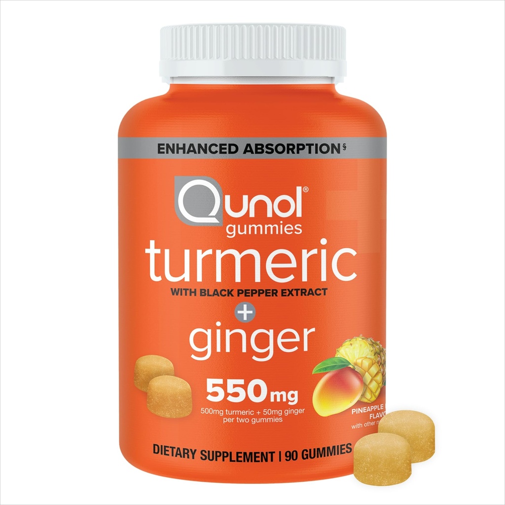 Qunol Turmeric y jengibre con Gummies de Pepper Negro, suplemento de Curcumina Turmérica, maniquí de apoyo sanitario conjunto, 90ct Gummies