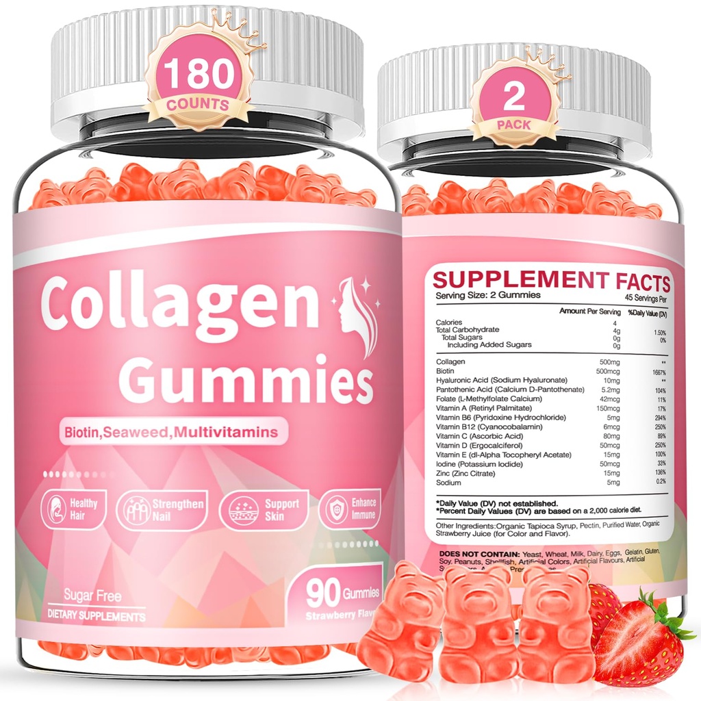 180 Conde Collagen Gummies Collagen Protein Tipo I II III V X con Biotina Vitamina C A B D E Keratina Ácido hialurónico para uñas de piel de pelo Digestión conjunta Mujeres Hombre Sugar Fresa libre