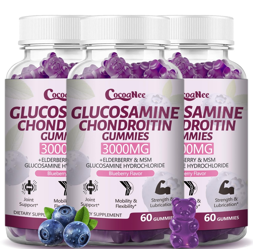 3 Packs 3000MG Glucosamine Chondroitin Gummies, Extra Strength Joint Support Supplement with MSM & Elderberry, Flexibility, Antioxidant Immune Support Gummy for Adults, Men &amp; Women 180Cts