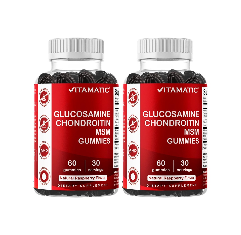 Vitamatic Glucosamine Chondroitin Gummies with MSM & Vitamin E – Joint Support – 60 Gummies basadas en Pectina por botella – Pack de 2 (Total 120 Conteo)