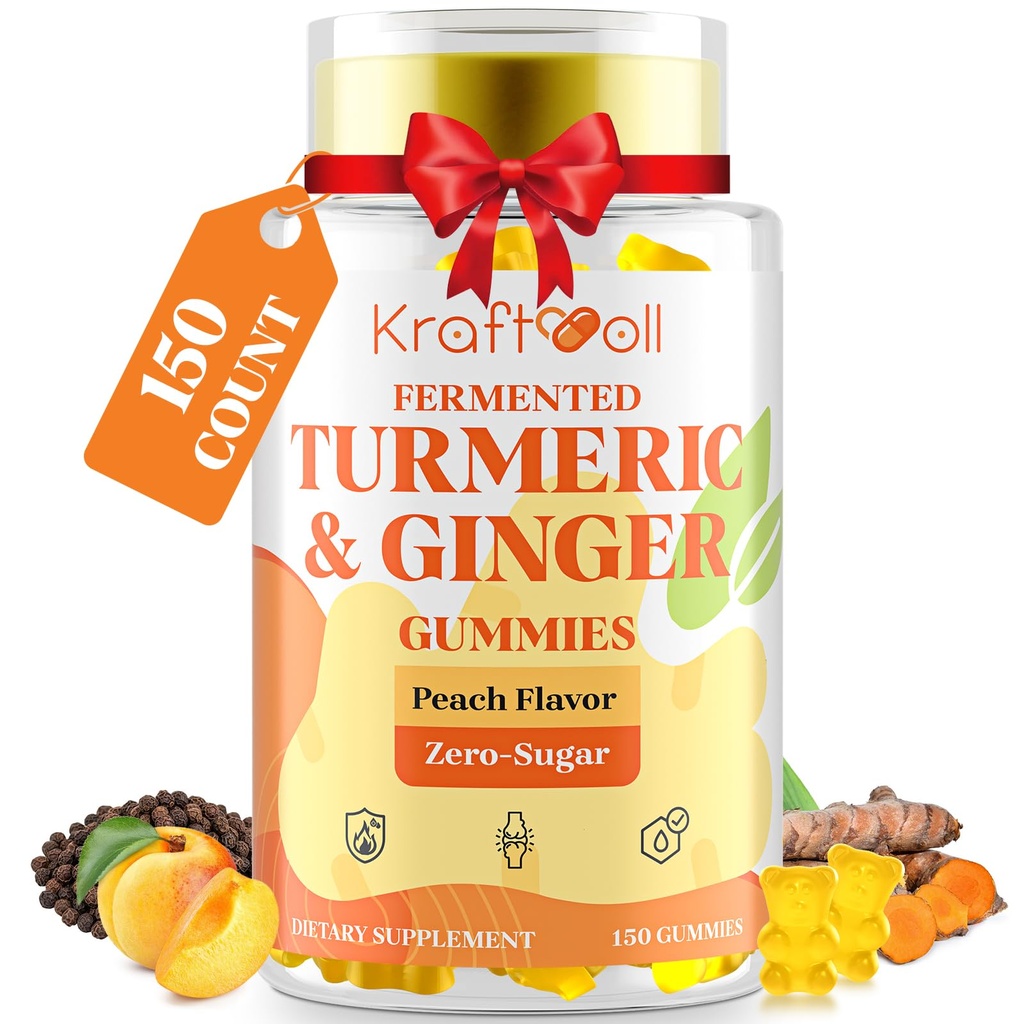 5 Month Supply Turmeric and Ginger Gummies with Black Pepper, Fermented Turmeric for Joint Comfort & Mobility, Sugar-Free with Vitamin D3 + K2, Natural Peach Flavor – 150 Gummies